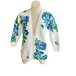 Adrienne Vittadini Vintage Blue Floral Cottage Grandma Cardigan Sweater Size S